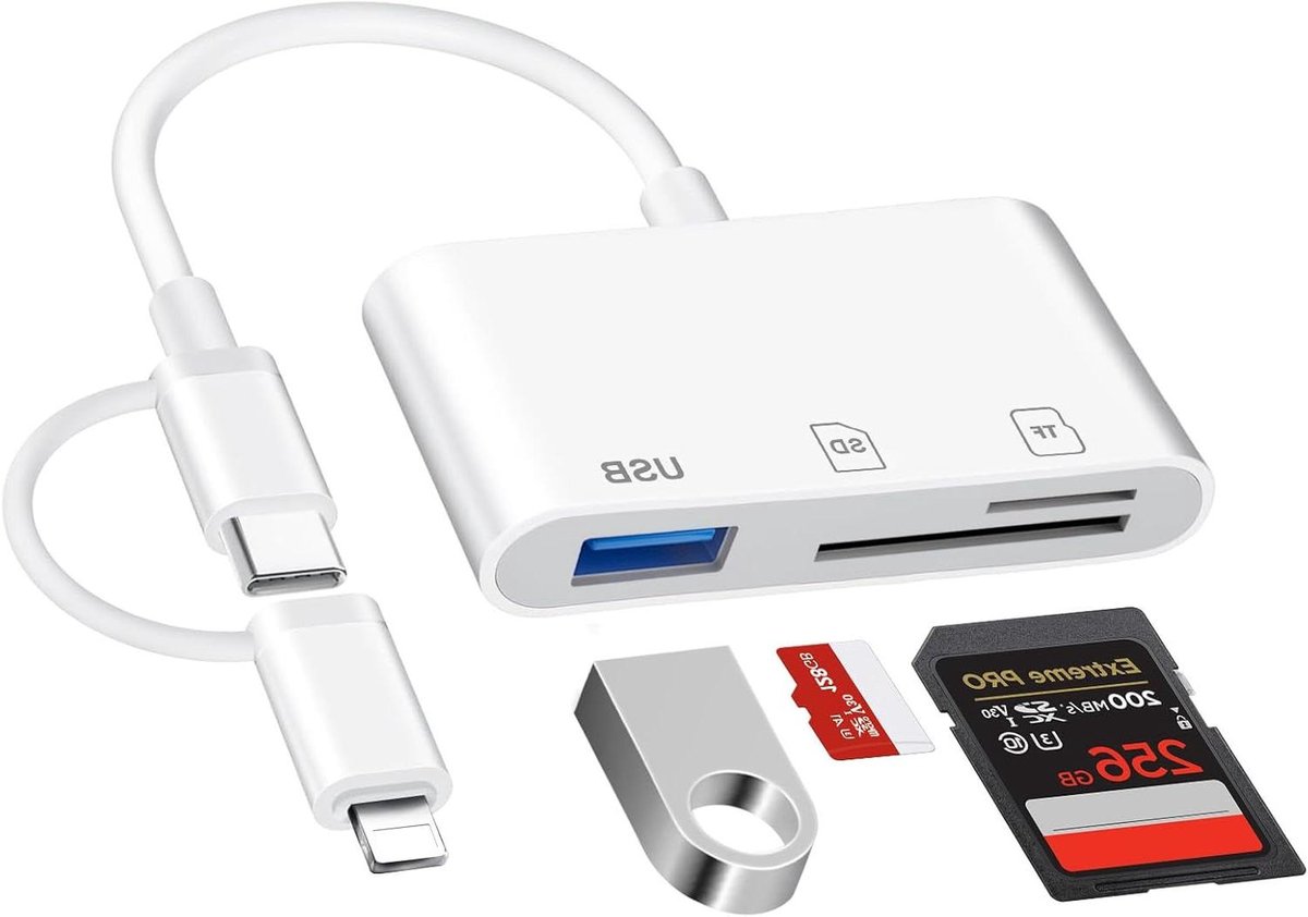 SD Kaartlezer - Geheugenkaart Adapter - Foto's Overzetten - 3-in-1 Dubbelzijdig - Tot 256GB - Grijs
