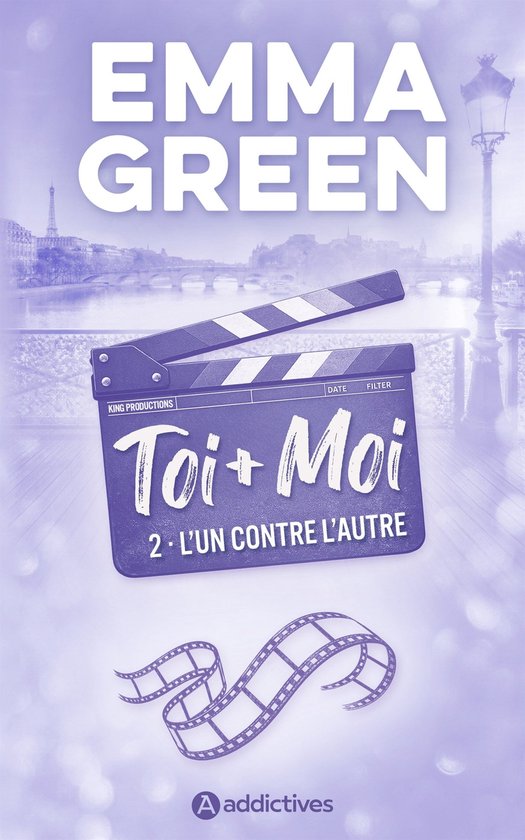 Boekhoes Emma Green 'Toi + Moi 2 L'un contre l'autre'. Paarse achtergrond met Parijse silhouet, filmklapper en filmrol.