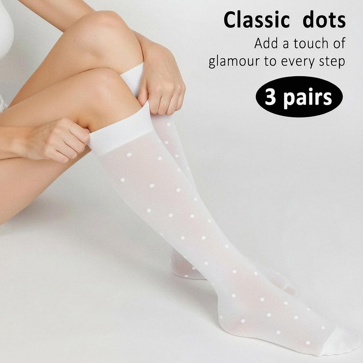 3 Paar 15 Denier Kniesokken voor Dames, Transparante Kousen met Witte Dots, Scheurvast en Drukvrij voor Feestjes, Speciale Gelegenheden of Dagelijks Gebruik