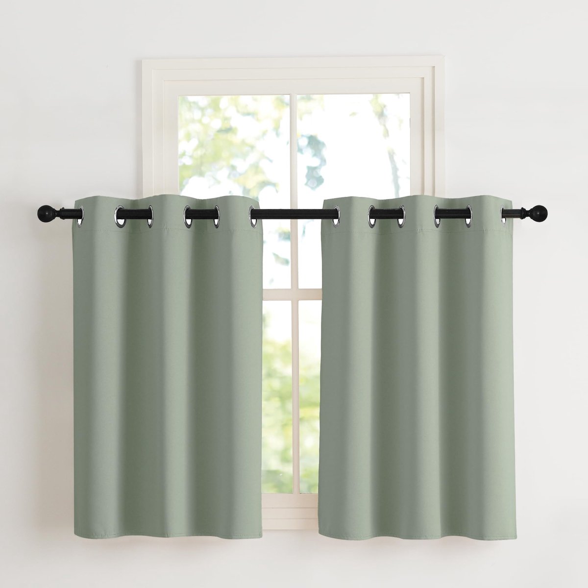 SnelShoppen - Vitrage set van 2, kinderkamer gordijnen H 90 x B 107 cm, saliegroen, moderne thermische ondoorzichtige keukengordijnen met inslagringen