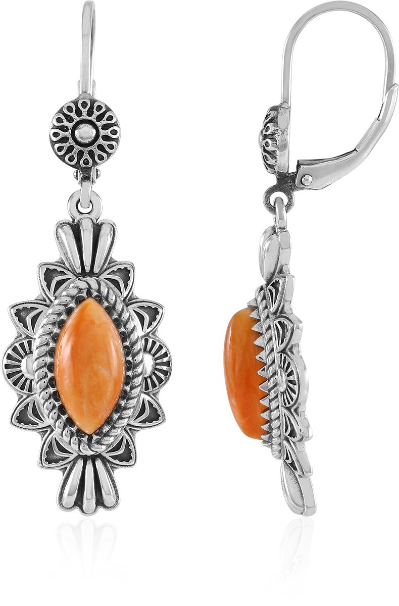 Cavill - Lange Oorbellen 925 Sterling Zilver - 3,51 ct Oranje Marquise Oesters Cabochon - Handgemaakt Filigraan - Vintage Desert Chic