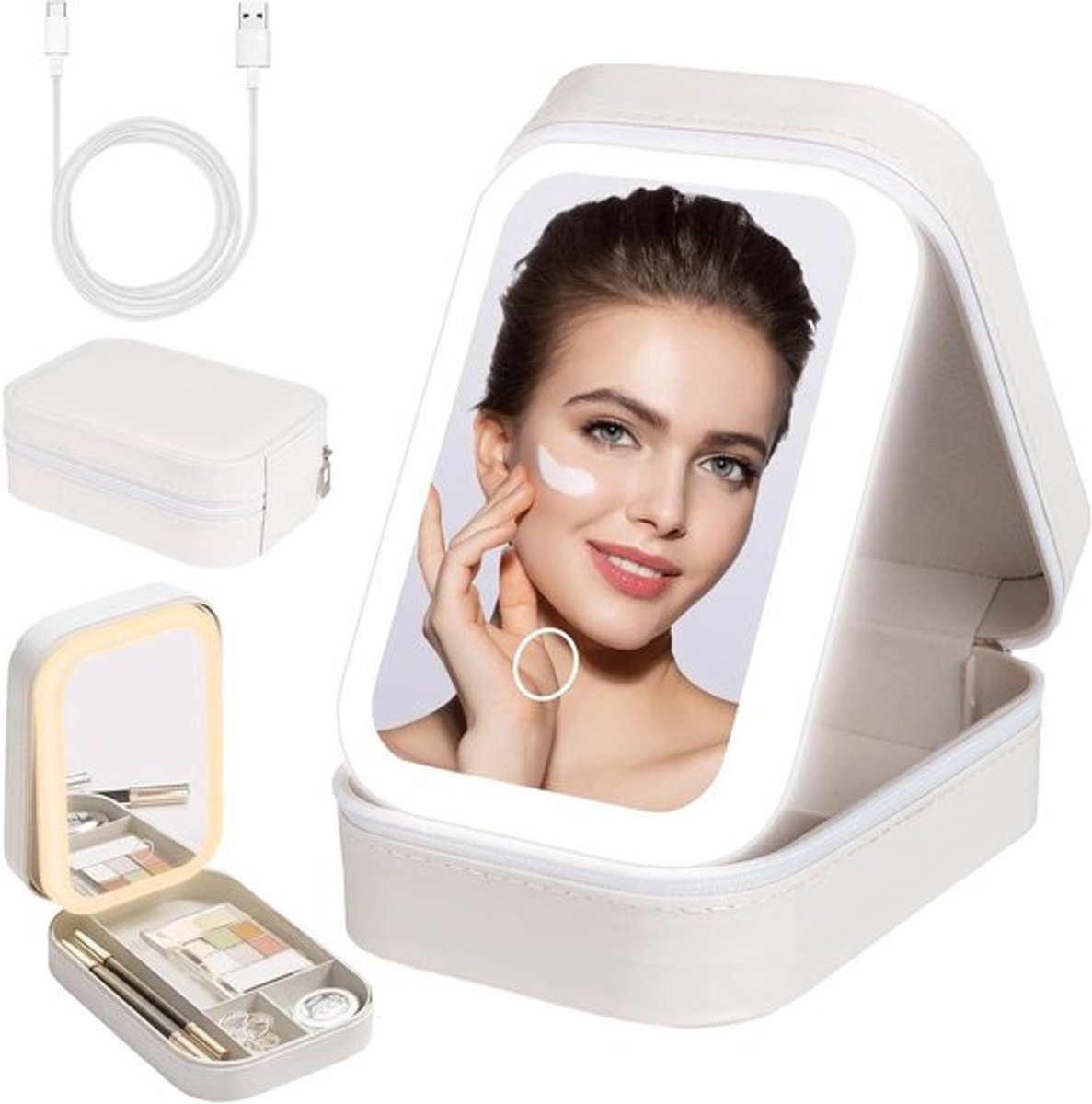 Geïntegreerde Make-up Opbergdoos met Verlichting en Spiegel, Draagbare Make-up Tas, Elegante Organiser voor Cosmetica, Wit, Eén Maat