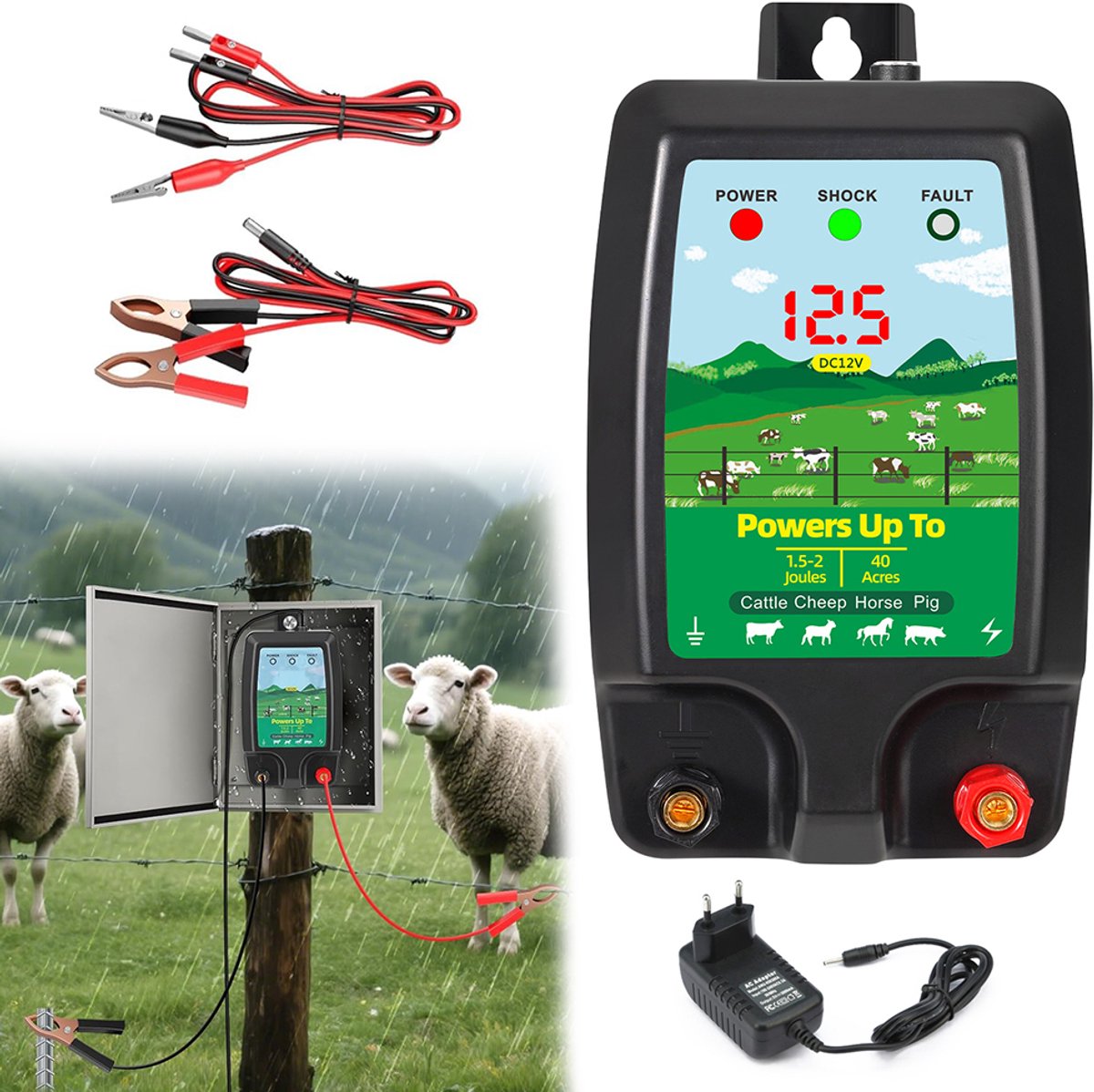 Zwarte mini-voedingseenheid/elektronisch display + uitgangskabel - Power Seed Pulse - Voeding voor elektrische afrasteringen - 12V/230V - Beschermende elektrische afrastering - UV-bestendig - ABS