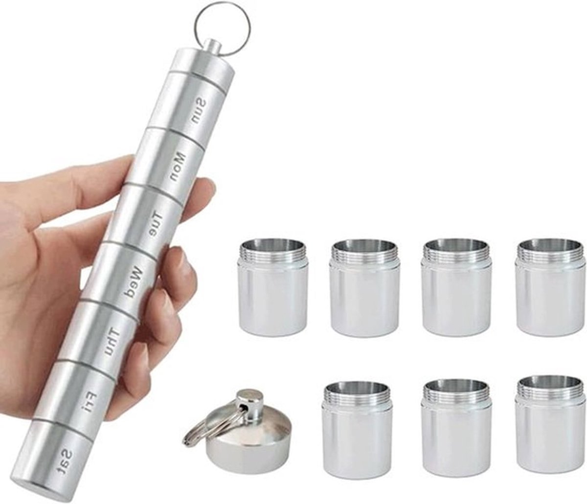 Deelbare vakken Waterdichte capsule pillendoos - Metaal tabletten doos Sleutelhangers - Reizen & Uitgaan - Zilverkleurig