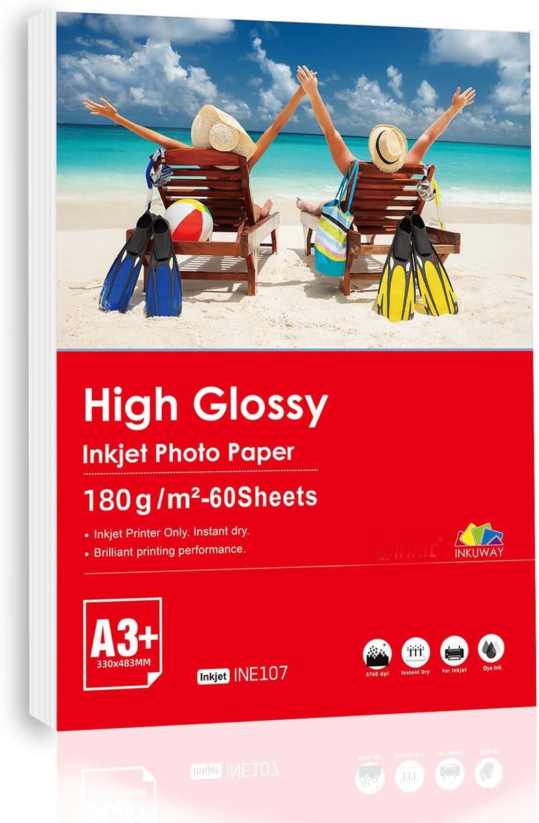 SnelShoppen - A3+ Fotopapier Glossy 180Gsm voor Inkjet Printers - 60 Vellen 13x19 inch - Professionele Kwaliteit Voor Foto Afdrukken - Glanzend Papier