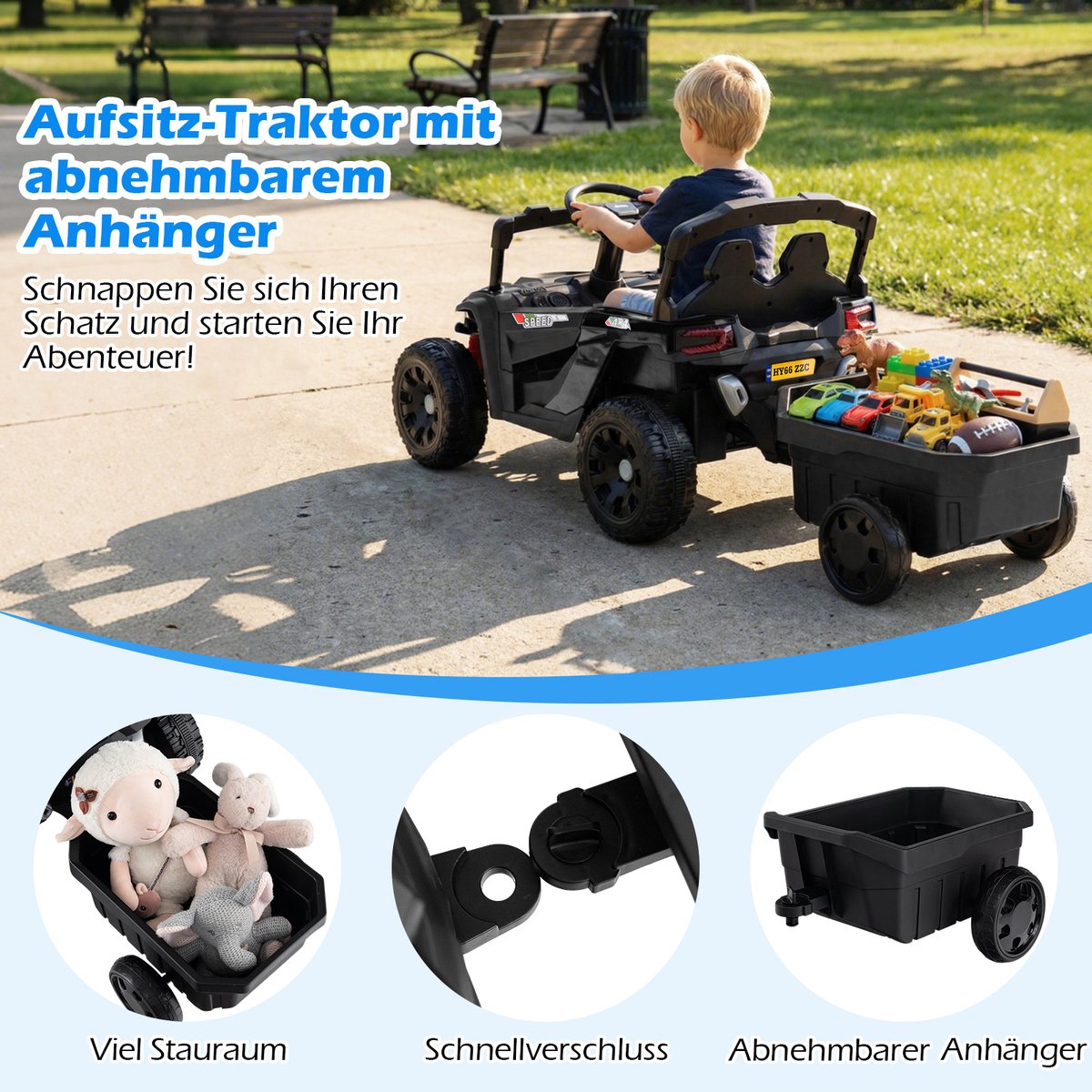 COSYWAY Elektrische kinderauto met afneembare aanhanger, 12 V, elektrische kinderauto met 2,4 G afstandsbediening, elektrisch voertuig met veerdemper, licht en muziek, elektrische UTV voor kinderen