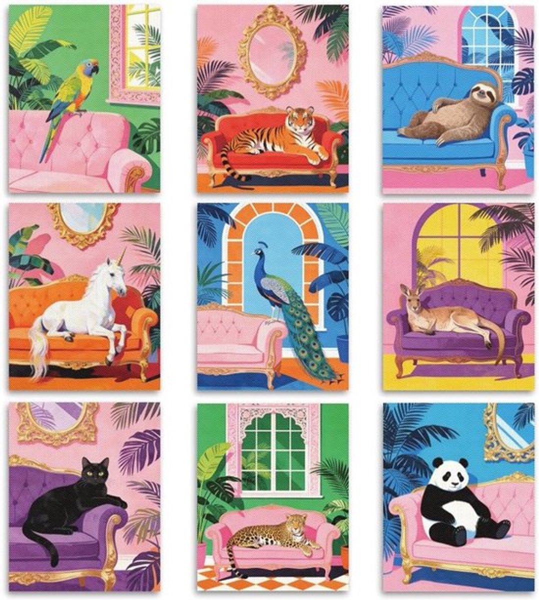 Set van 9 wanddecoraties met diermotieven, frameloze posters en canvasprints voor een esthetische woonkamer en slaapkamer