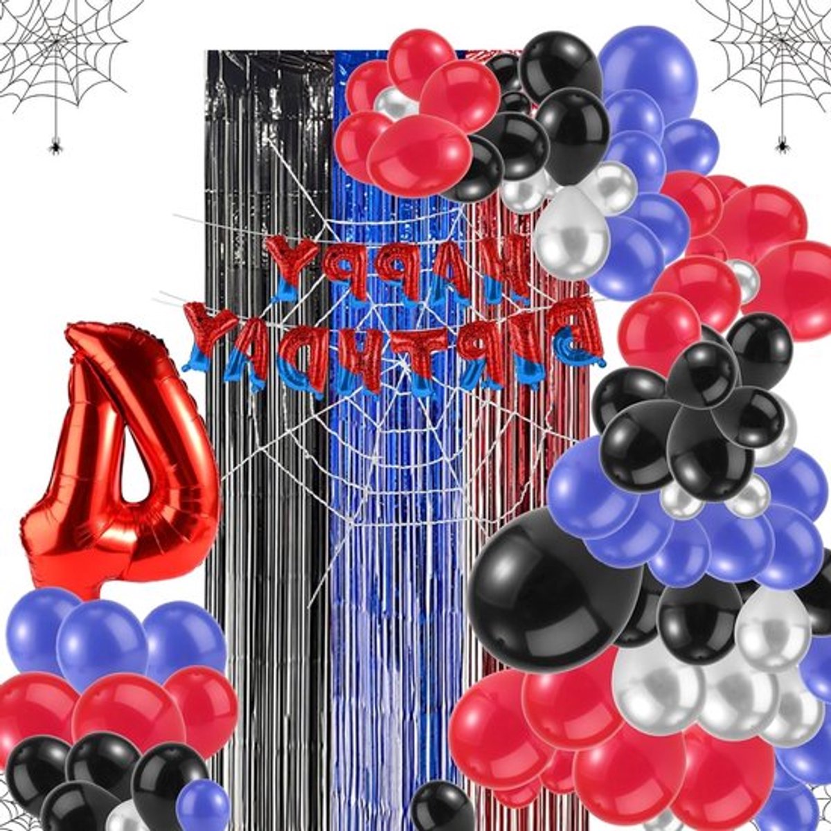 Feestdecoratie met Spinnen Thema, Inclusief Letterbanner, Cijferballon, Spinnenweb Achtergrond en Hangende Gordijnen voor Babyshower en Verjaardagsfeest voor Jongens en Meisjes (Cijfer 4)