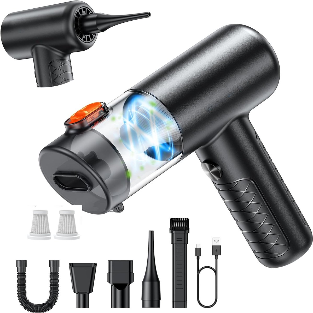 KZQ 4-in-1 draadloze mini auto stofzuiger en luchtduster - Handheld voor auto huisdier thuis en kantoor - Inclusief 2 filters - Zwart