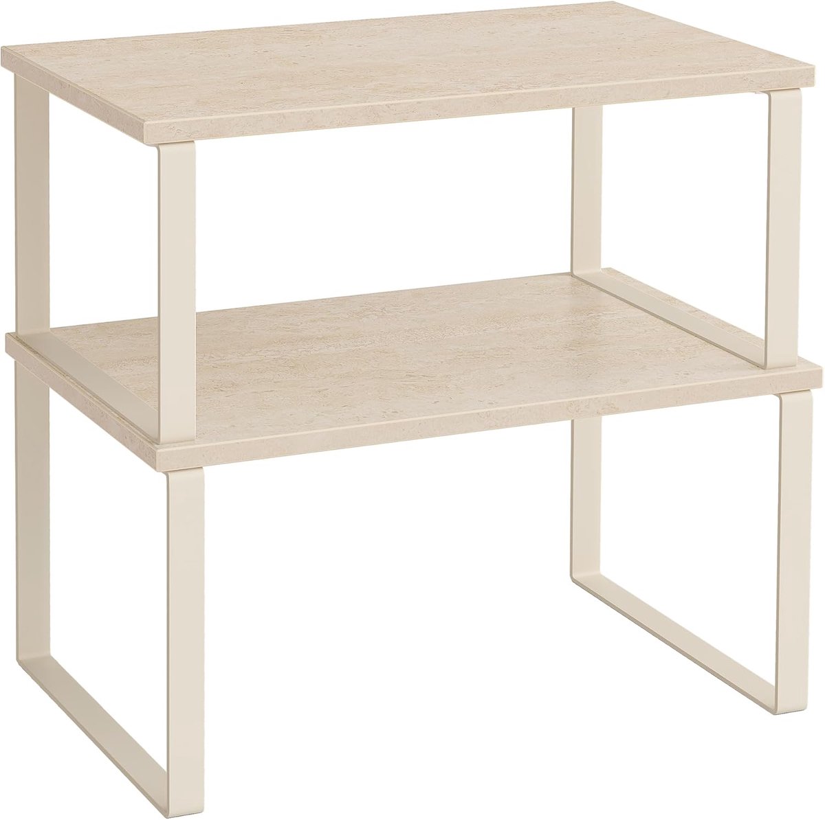 SnelShoppen - Set van 2 Kruidenrek Keukenorganizer, Uitbreidbaar en Stapelbaar, Metaal en Hout, Travertinbeige-Crèmewit, Perfect voor Keuken en Kastor