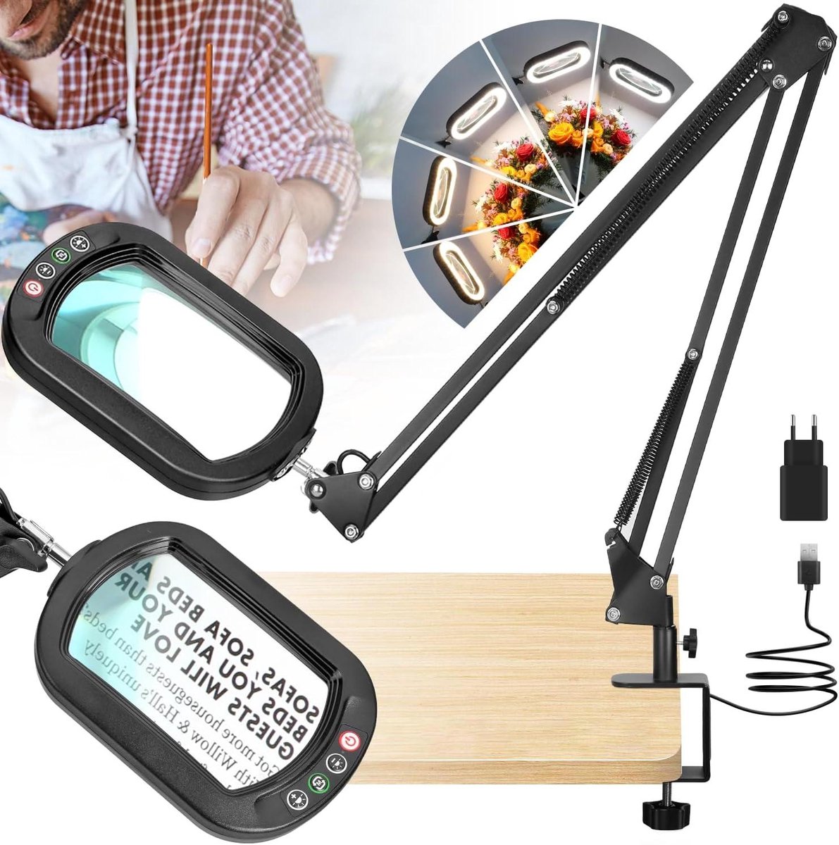 Vergrootglas met licht - Leeslamp - Hobby projecten - Verstelbare zwenkarm - 10x vergroting - Wit