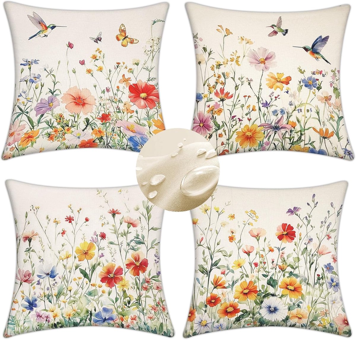 SnelShoppen - Waterdichte Kussenhoezen voor Buiten Set van 4, 45 x 45 cm, Decoratieve Kussenslopen met Vogels en Bloemen, Linnen-Polyester, Weerbesten