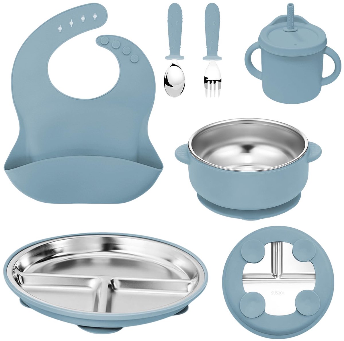 SnelShoppen - 6-in-1 Kinderset Roestvrij Staal met Siliconen Coating, BPA-vrij, Afneembare Platen, Gedeeld Bord met Zuignap, Kom, Beker met Rietje, Sl
