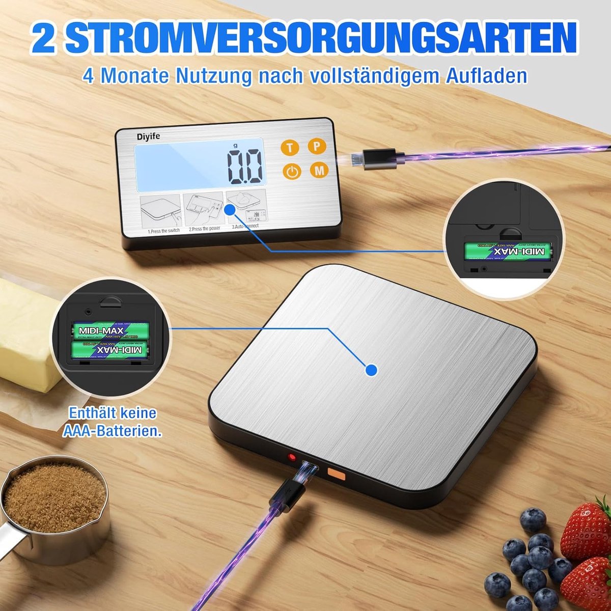 SnelShoppen - Digitale keukenweegschaal roestvrij staal, 1 g/15 kg, USB-opladen, LCD-display met achtergrondverlichting, telfunctie, voor bakken en ko