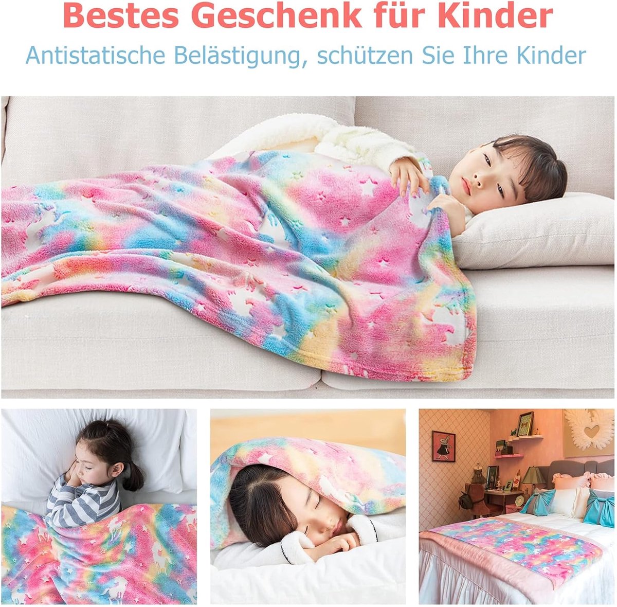 SnelShoppen - Eenhoorn-deken, knuffeldeken 120 x 150 cm, lichtgevend in het donker, warm en wollig, kleurrijke kinderdeken voor meisjes en jongens, pe