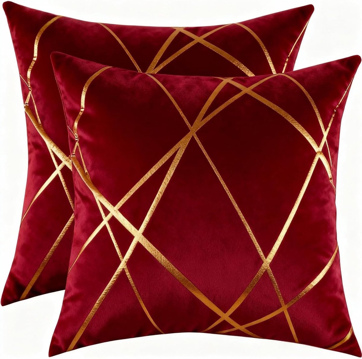 SnelShoppen - Set van 2 Fluwelen Kussenslopen, Goudlijn Kunst, 50 x 50 cm, Decoratieve Kussenhoezen, Rood, Modern, Vierkant voor Woonkamer en Slaapkam