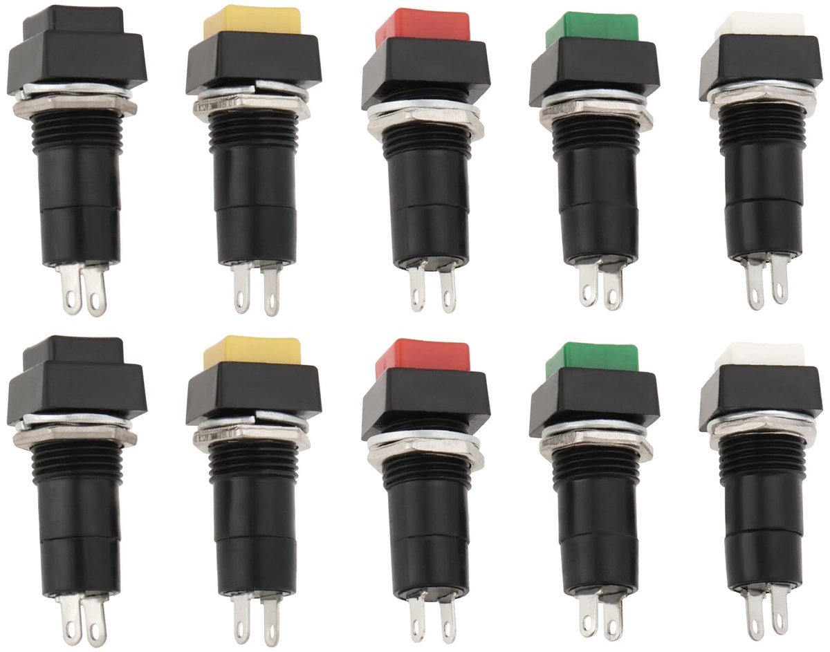 SnelShoppen - 10st 12mm Aan Uit Vergrendelbare Vierkante Drukknop Schakelaar SPST 250V/3A voor Auto-elektronica - Zwart Wit Geel Groen Rood