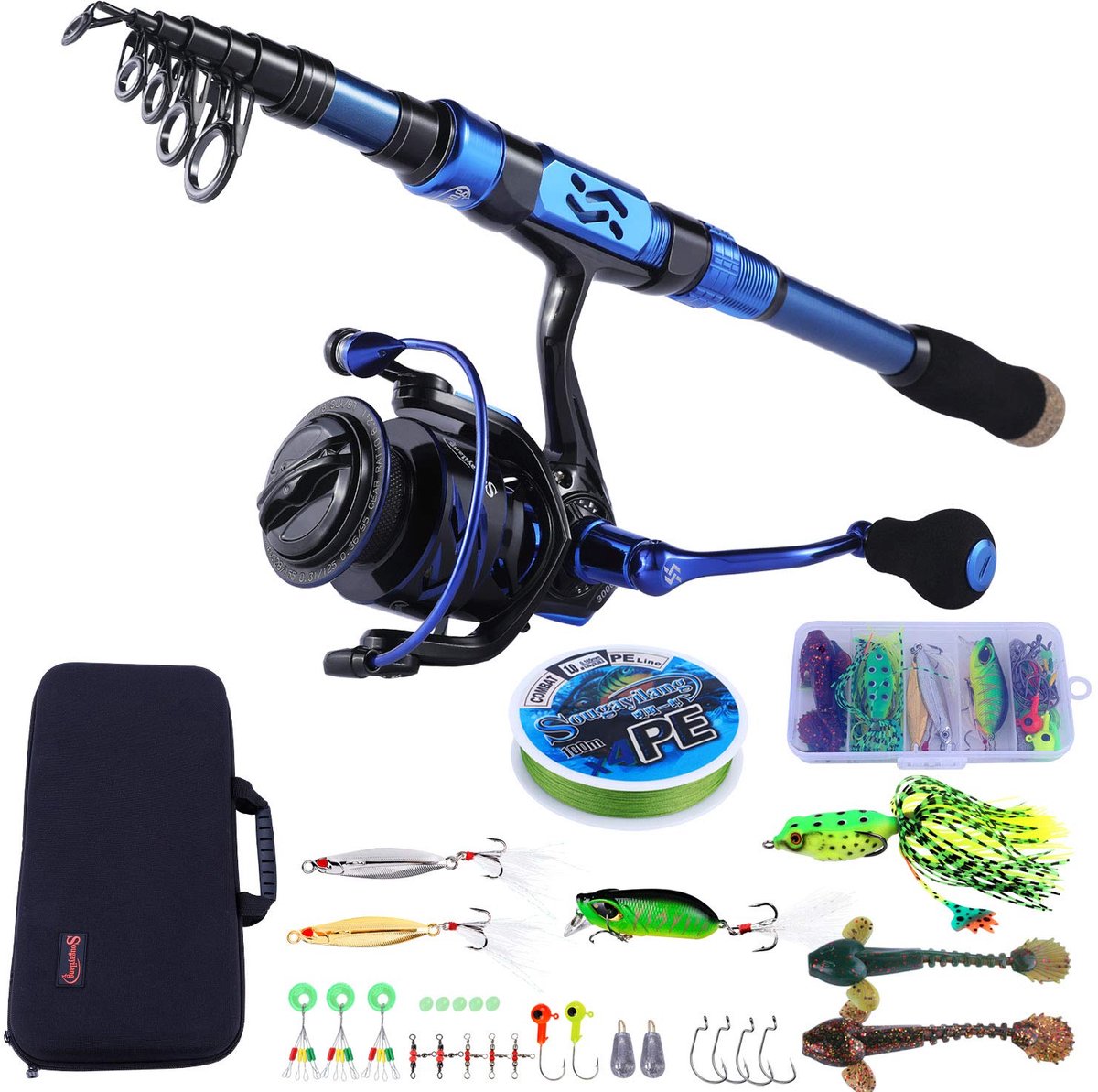 SnelShoppen - Sougayilang Hengel en Haspel Combo - Koolstofvezel Telescopische Hengelstok - Spinhaspel 12 +1 BB - Draagtas voor Zoutwater en Zoetwater