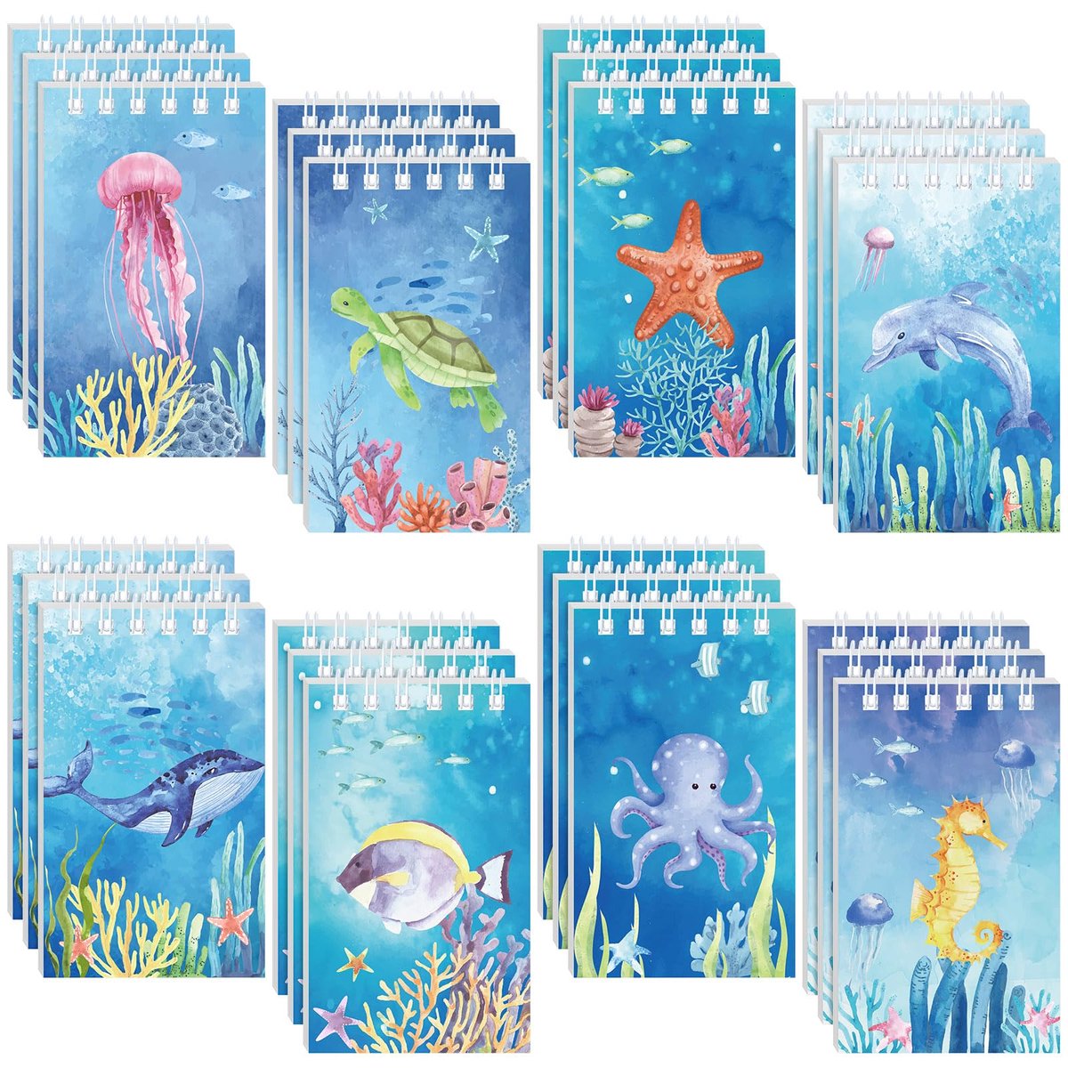 SnelShoppen - Set van 24 Mini-Oceanen Notitieboeken voor Kinderen, Spiraaltassen met Onderwaterdieren, Ideaal voor Feesten, Cadeaus en Klaslokaal