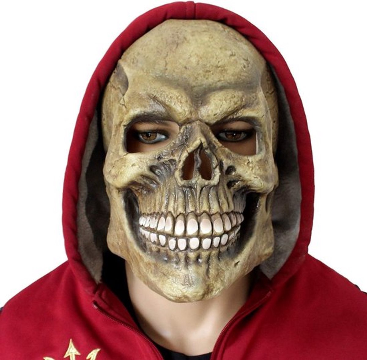 Halloween kostuum met latexmasker van een menselijke schedel voor griezelige feesten en evenementen