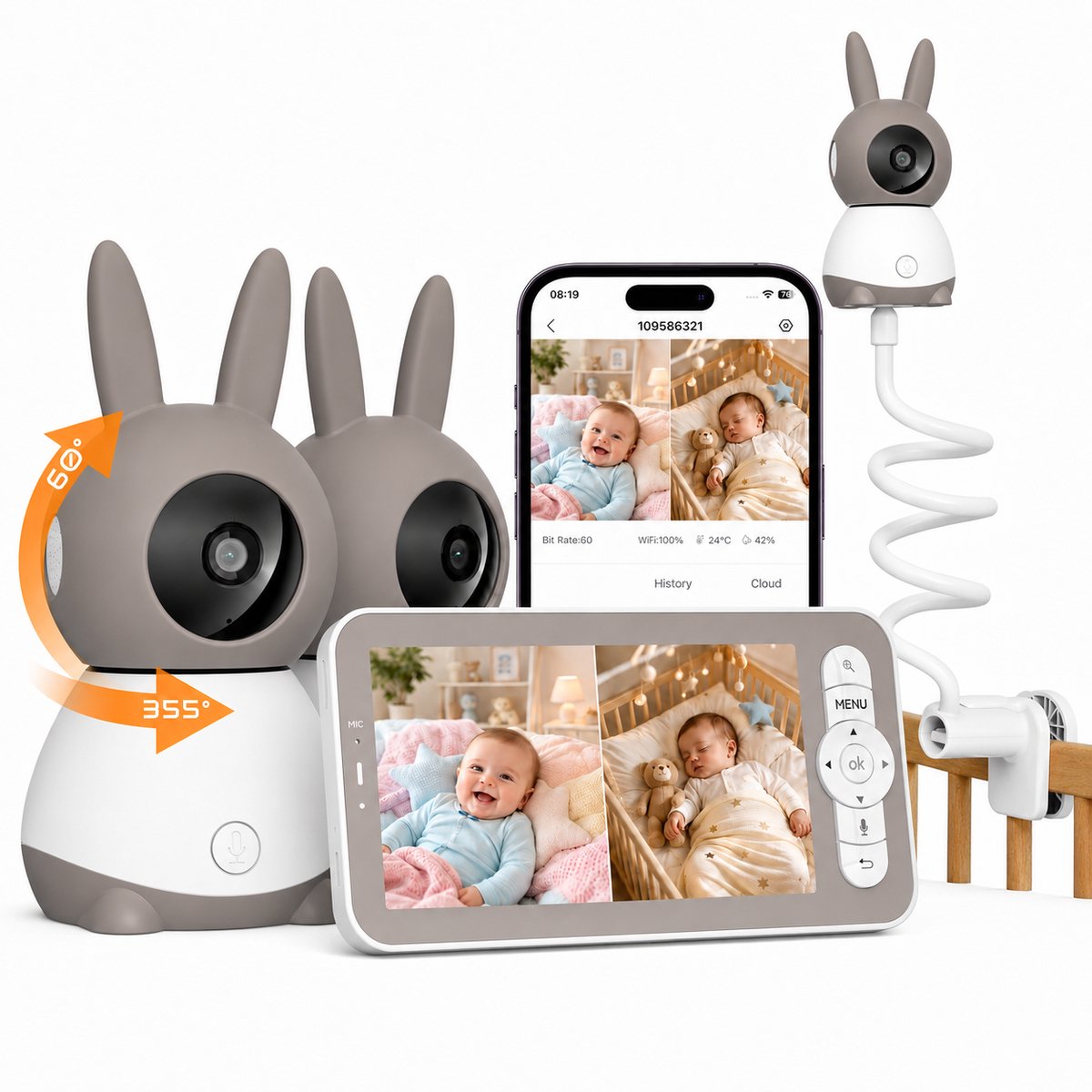 Wifi Babyfoon Met 2 Camera's - Baby Monitor - Babyfoon met 5 inch scherm - Ultra HD 2K Resolutie - Op Afstand Bestuurbaar - Slaapliedjes - Inclusief Flexibele Houders