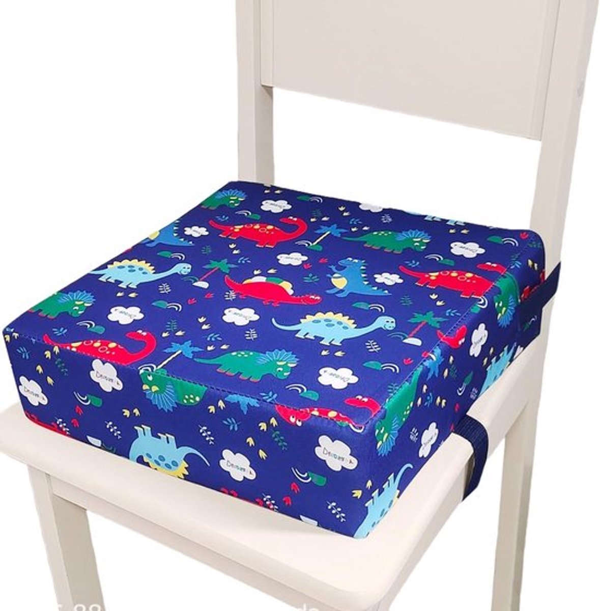 Verhoogde Kinderstoel met Wasbare Kussen, Inclusief 2 Veiligheidsgordels en Antislip Basis voor Thuis en Op Reis, 32x32x8cm (Dino Thema)