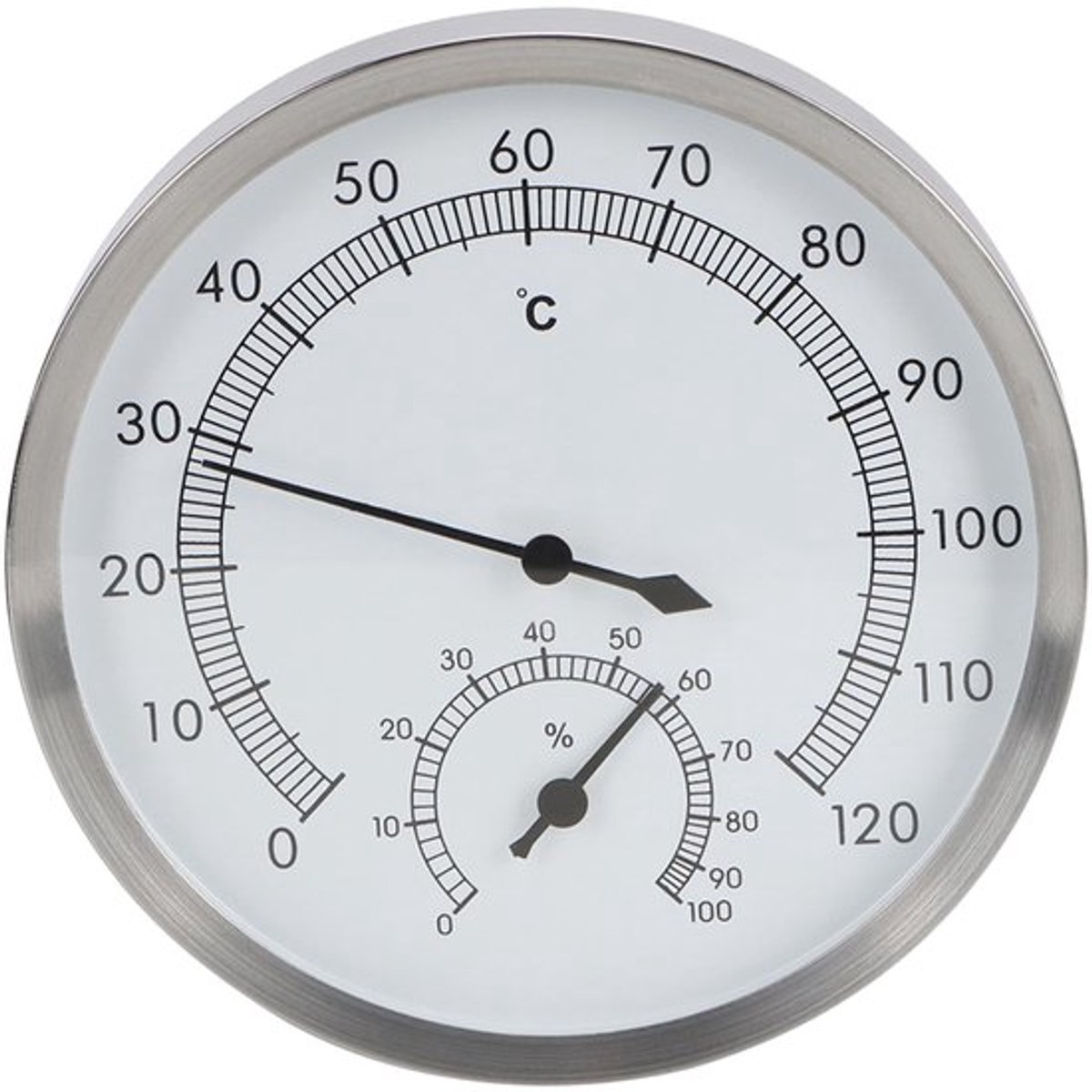 Thermo-hygrometer 2-in-1 - Sauna-thermometer - Hygrometer - Roestvrij staal - Temperatuur 10-120°C - Vochtigheid 0-100%