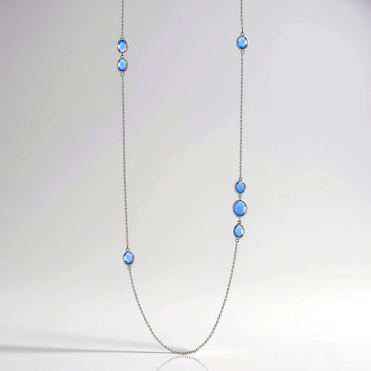 Cavill - Zilveren Damesketting - 925 Sterling Zilver Geplatineerd - 6 Blauwe Chalcedoon Edelstenen 5,5 ct - Ovaal Schaakbord Slijpsel