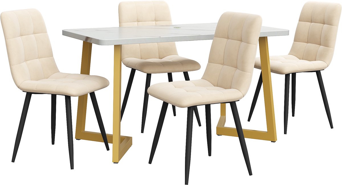 Eetkamerset - Keukentafel Set - Eettafel Marmerlook - Fluwelen Stoelen - Goud - Rechthoekig - Ergonomisch - Compact - Eetkamer - 117cm - 5-Delig - Beige