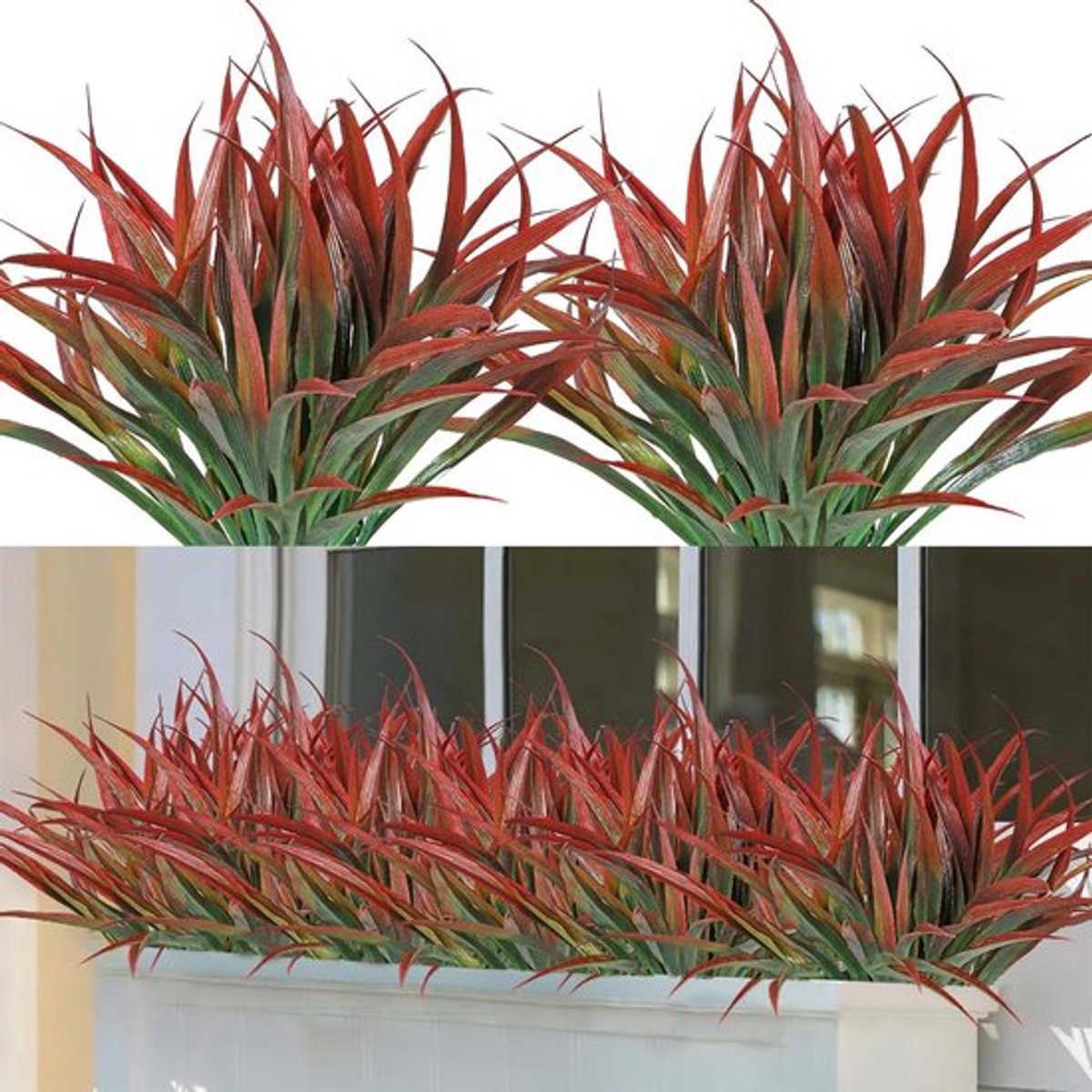 6PCS Kunstplanten voor Buiten en Binnen - 16 inch Rode Neppflanten, UV-bestendig Herfstgras en Groene Stelen voor Tuin, Patio en Huishouddecoratie