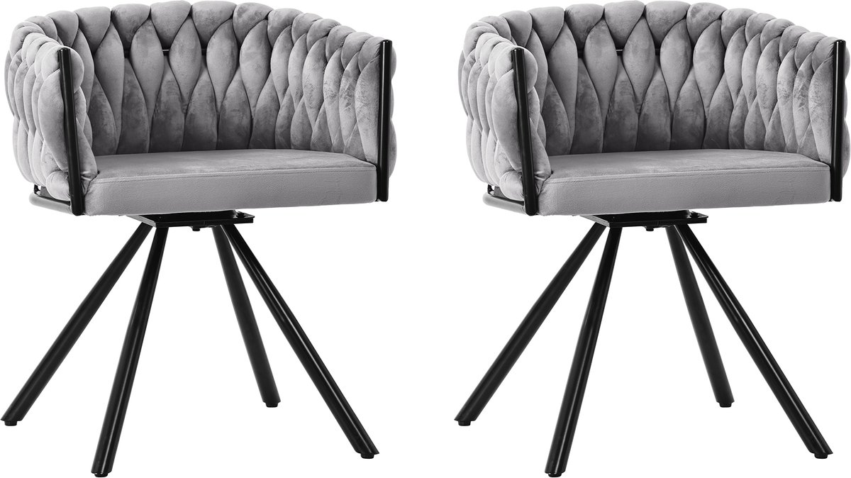 Fluwelen Eetkamerstoel - Draaibare Stoel - 360° Draaibaar - Ergonomisch Design - Metalen Poten - Woonkamer - 62x60x57 cm - Set Van 2 - Grijs