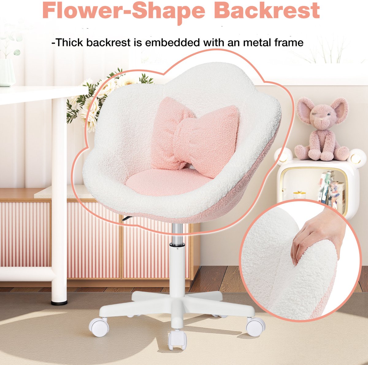 HOFFREE Kinder Bureaustoel Bloemvorm – Verstelbare Draaistoel voor Kinderen – Ergonomische Kinderstoel met Bouclé Bekleding en Lendenkussen – Roze/Wit – foto 4