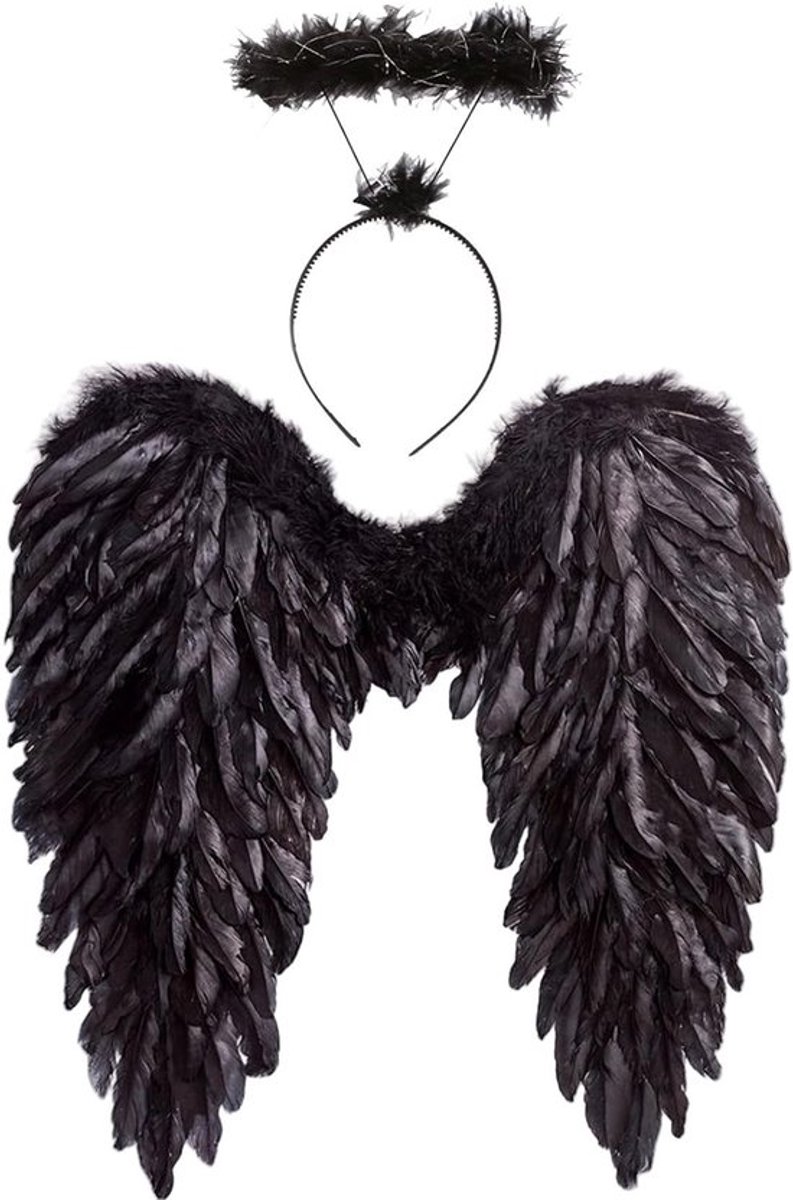 Zwarte Engel Vleugels en Halo Kostuum voor Halloween, Feestoutfit met Vergrote Veren en Hoofdband voor Kinderen en Volwassenen, Perfect voor Carnavals- en Masquerade Festivals