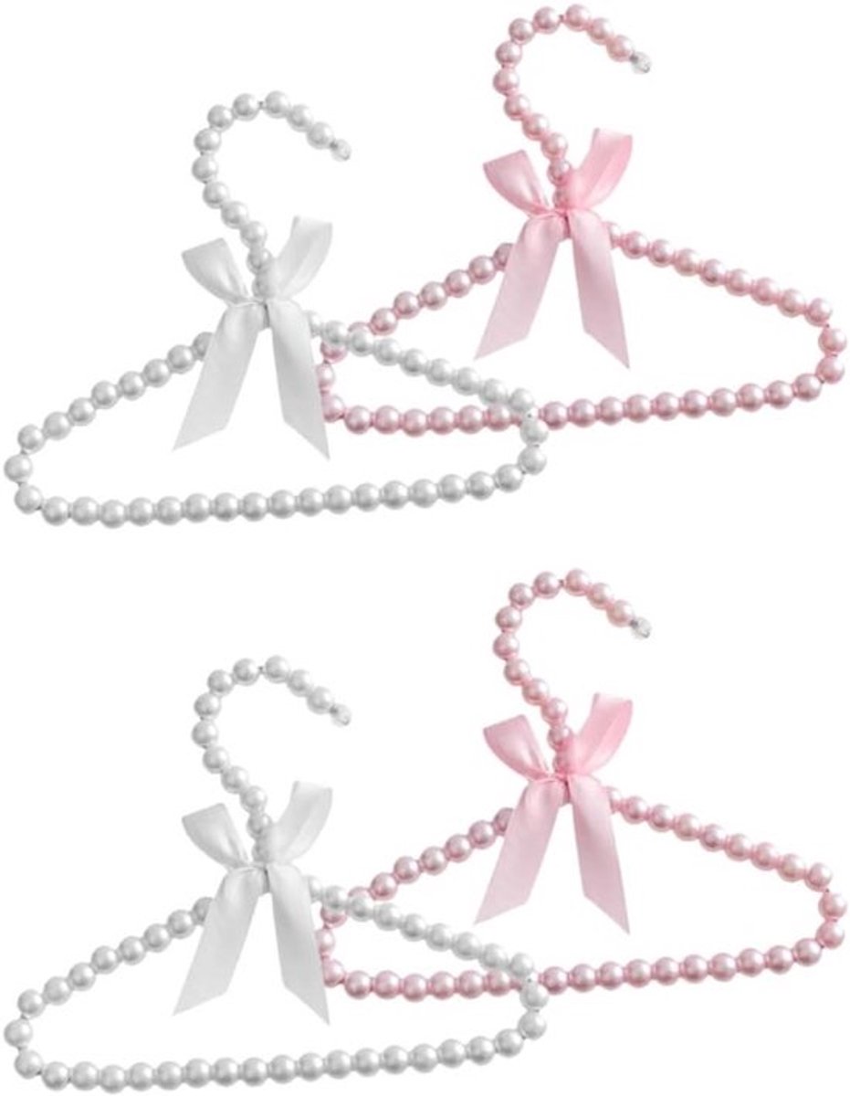 Mini kralen hangers voor kinderen - 4 stuks, anti-slip kledinghangers met linten voor baby- en kinderkleding, 20 cm, wit en roze, ideaal voor broeken en accessoires