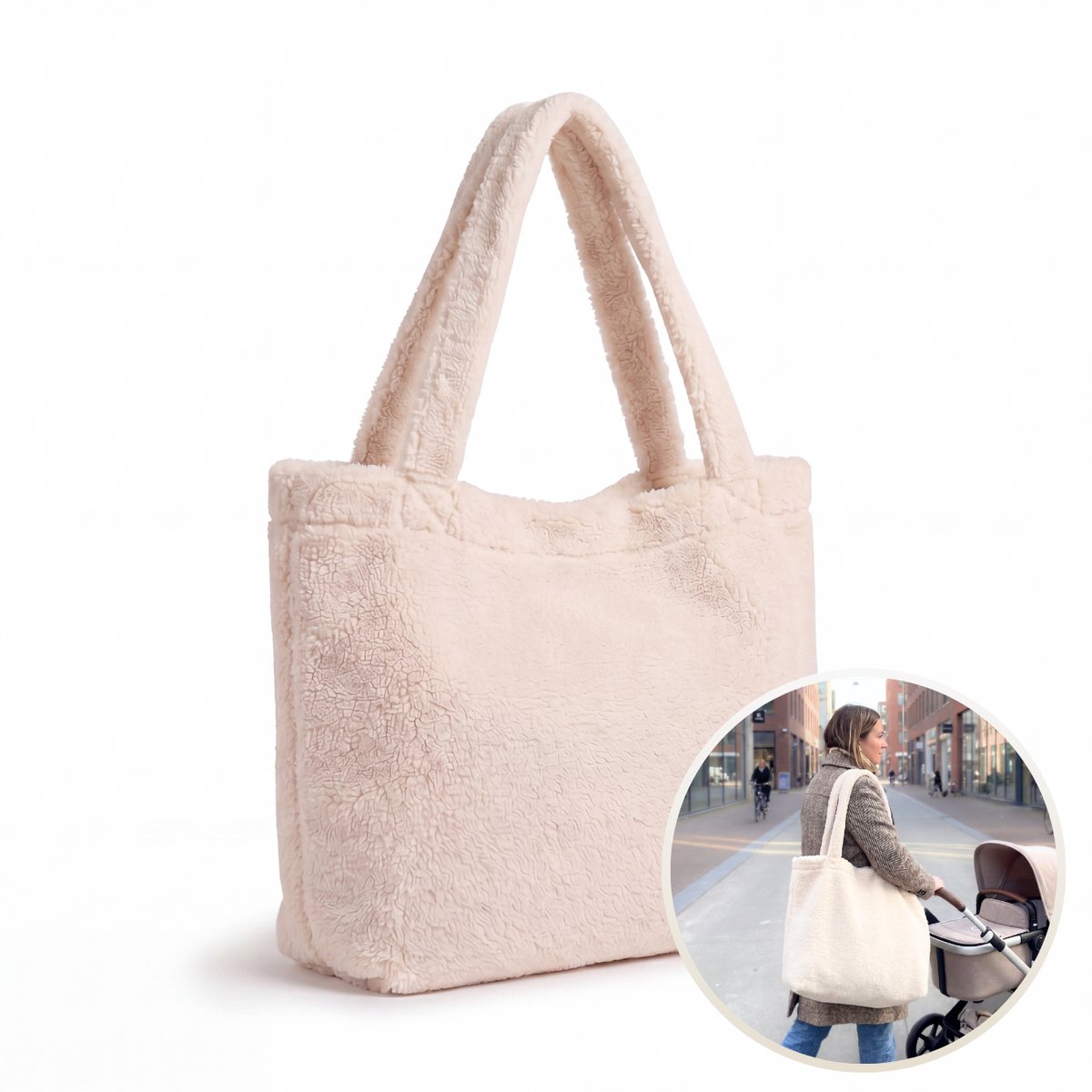 Funnies Luiertas Teddy Mom Bag Shopper - Off White - Grote Shopper - Zachte Teddy Tas - Mom Bag voor Babyspullen, Boodschappen & Dagelijks Gebruik