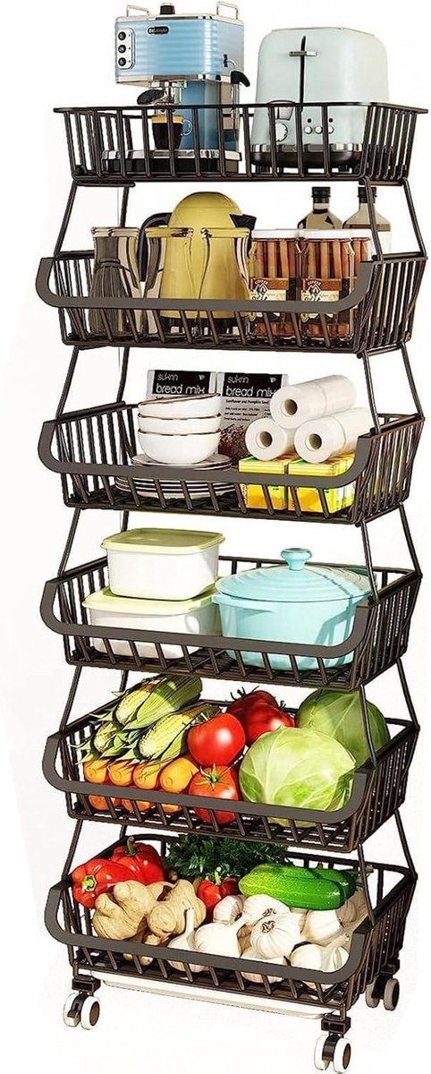 6-laags Plantenopslagrek met Stapelbare Fruit- en Groentestand, Vergrendelbare Wielen en 5 Haken voor Keuken, Badkamer en Garage