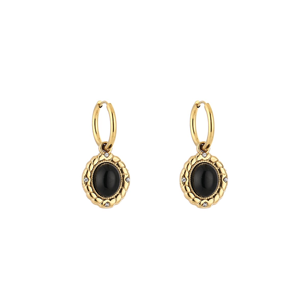 Stainless Steel Vintage Boho Oval Gemstone Charm Hoops – Luxe Boho Ovaal Natuursteen Oorringen – RVS - Zwart