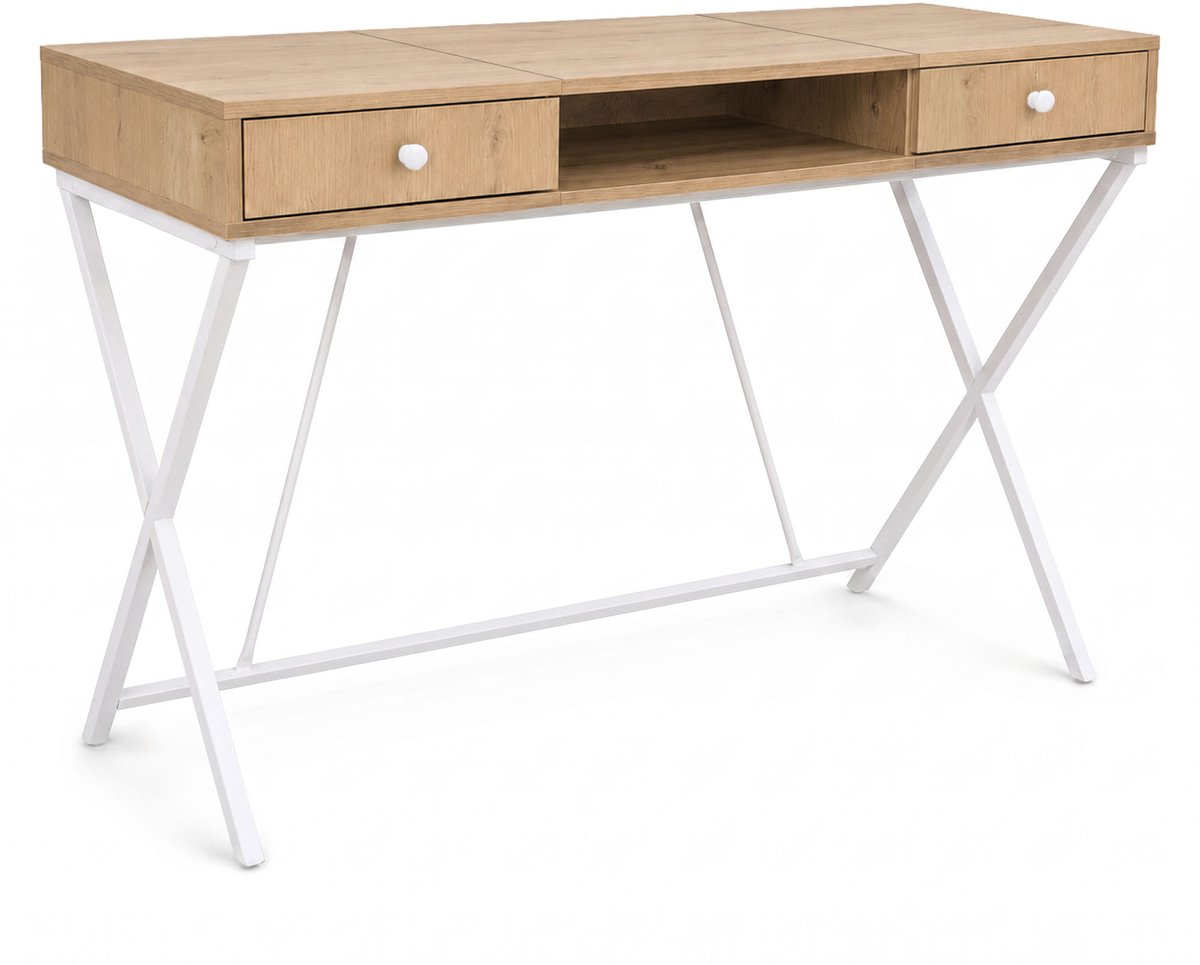 Computertafel Bureau CROSSLINE / Industrieel / Eiken Artisan / 120 cm / 2 Lades / 1 Plank / Witte Poten