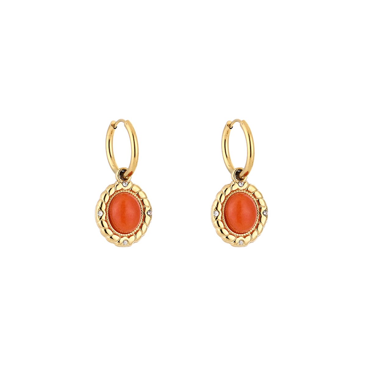 Stainless Steel Vintage Boho Oval Gemstone Charm Hoops – Luxe Boho Ovaal Natuursteen Oorringen – RVS - Oranje