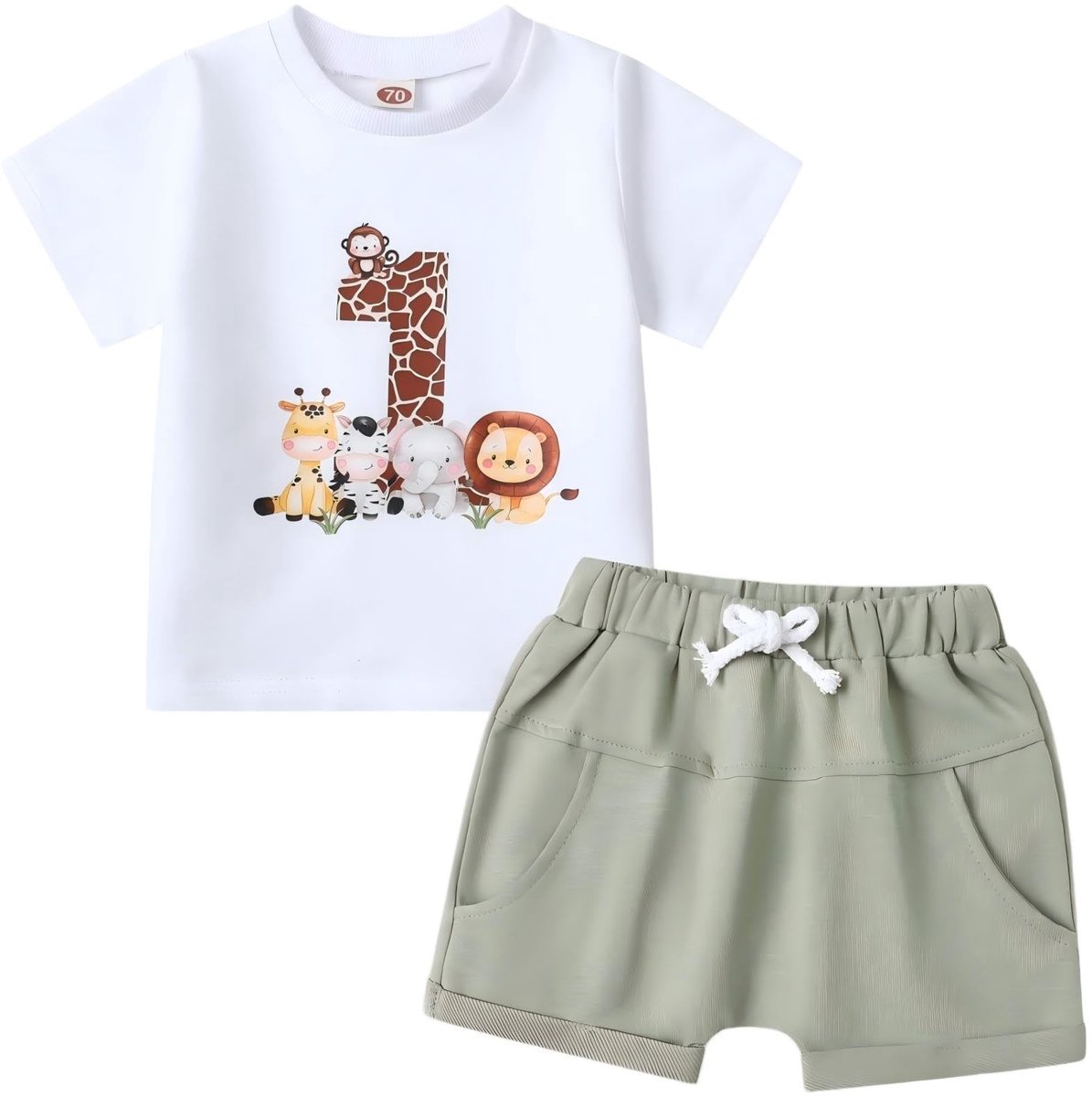 SnelShoppen - Asmea Eerste Verjaardag Outfit Jongen Schattige Verjaardagskleding Mouwshirt Broek Set 2 Stuks Wit 6-12 Maanden