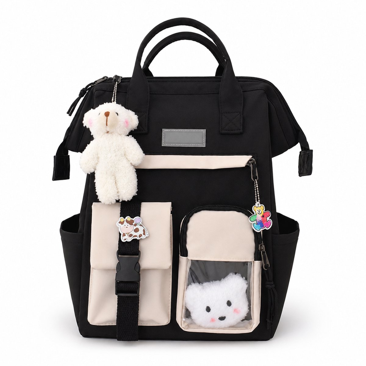 VHV-Rugzak dames - Schooltas meisje - Kawaii - Waterdicht - Met laptopvak - Inclusief pins & beer - Tiener rugzak - Middelbare school - Polyester - 38*26*18 cm- Zwart