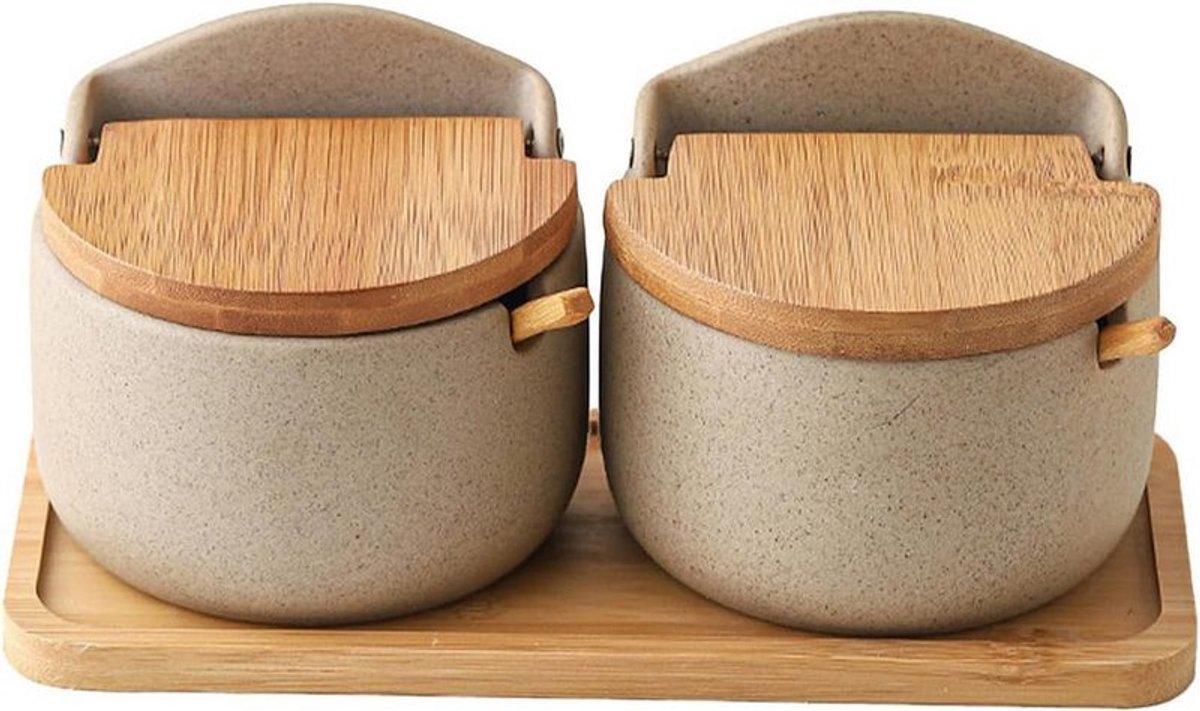 Tweedelige chilimolenset, keramische zoutstrooier met houten lepel, Geschikt voor in de keuken en op de camping.