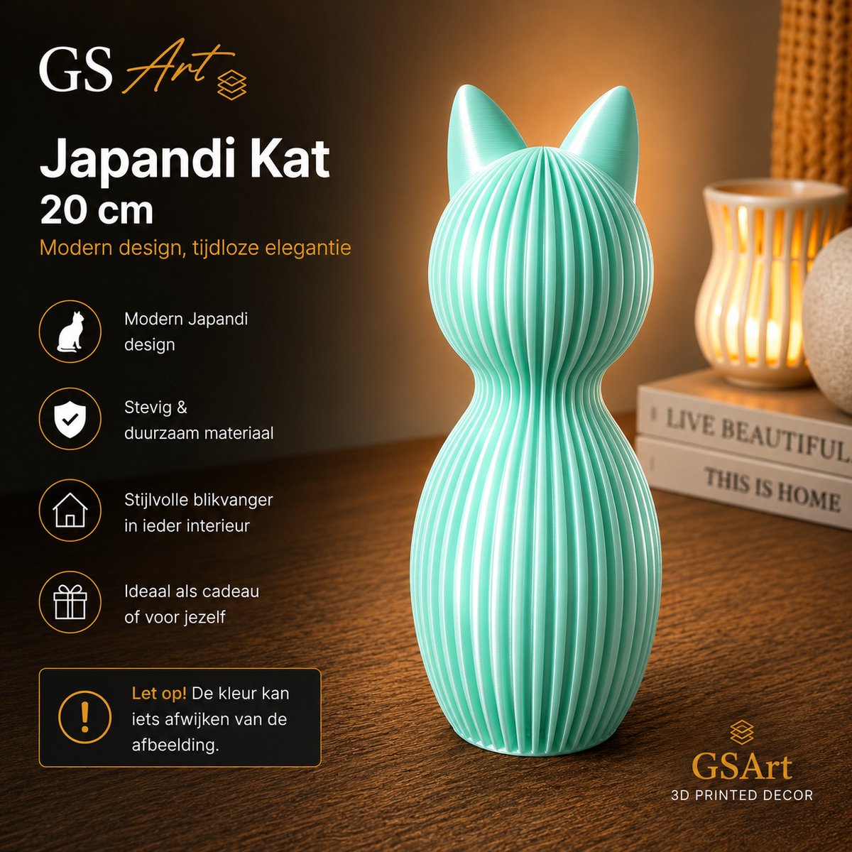 GSArt Japandi Kat 20 cm – Modern 3D Geprint Decoratiebeeld - Zijde Mint