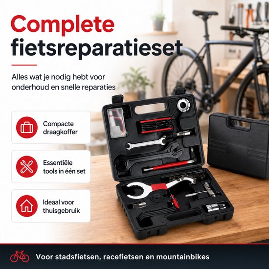 Een open zwarte gereedschapskist met fietsreparatietools, naast een gesloten koffer. Tekst: Complete fietsreparatieset. Ideaal voor thuisgebruik.