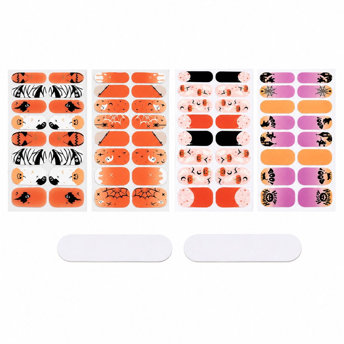4 Halloween-thema gelnagelstickers (glow-in-the-dark) - Inclusief 2 nagelvijlen - Gotische stijl - Pompoen-, spook-, verband- en spinnenwebpatronen - Geschikt voor diverse nail art-combinaties en -stijlen