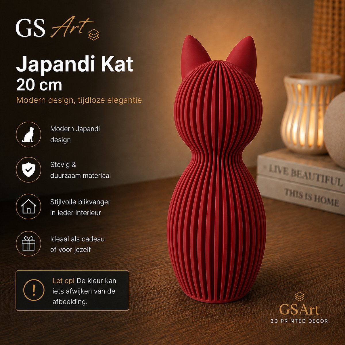 GSArt Japandi Kat 20 cm – Modern 3D Geprint Decoratiebeeld - Mat Donker rood