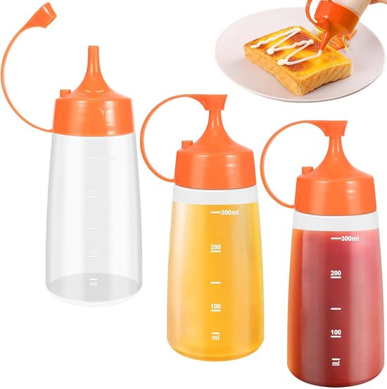 3 Kunststof Knijpflessen 300 ml - Sausfles met Dop - Dispenser voor Ketchup, Olijfolie en Dressing - Handige Doseerfles voor Keukengebruik