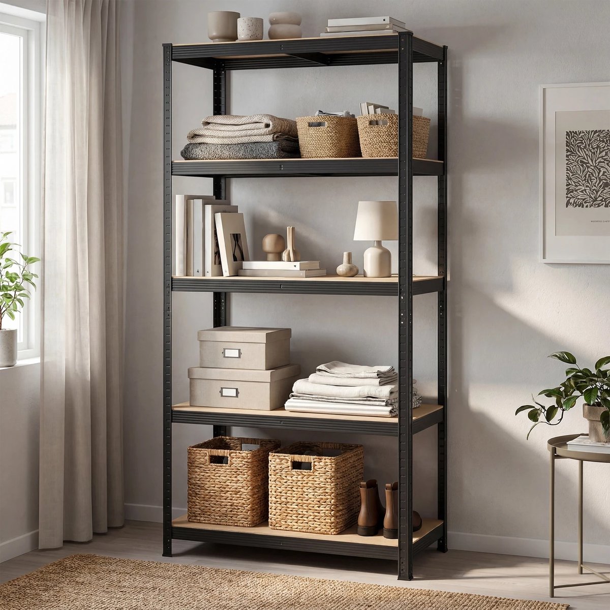 Stellingkast 5-Laags – 600 kg Draagvermogen – 100 x 50 x 200 cm – Verstelbare Planken – Zwart