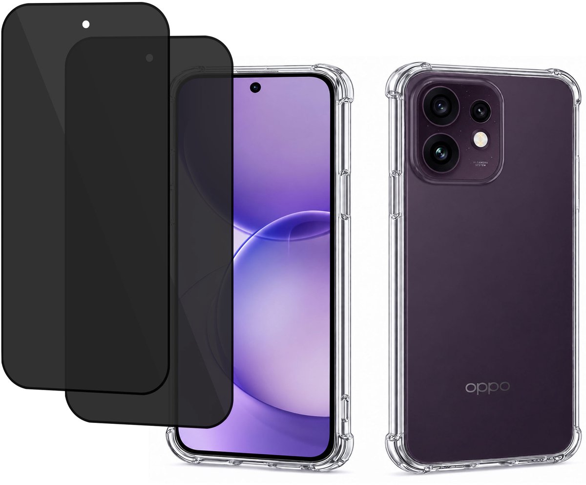 2x Hoesje met Privacy screenprotector geschikt voor OPPO Reno 16 5G / Reno 16 Pro 5G - Luchtkussens - Siliconen Hoes - Gehard Glas - Transparant - geschikt voor OPPO Reno 16 5G / Reno 16 Pro 5G