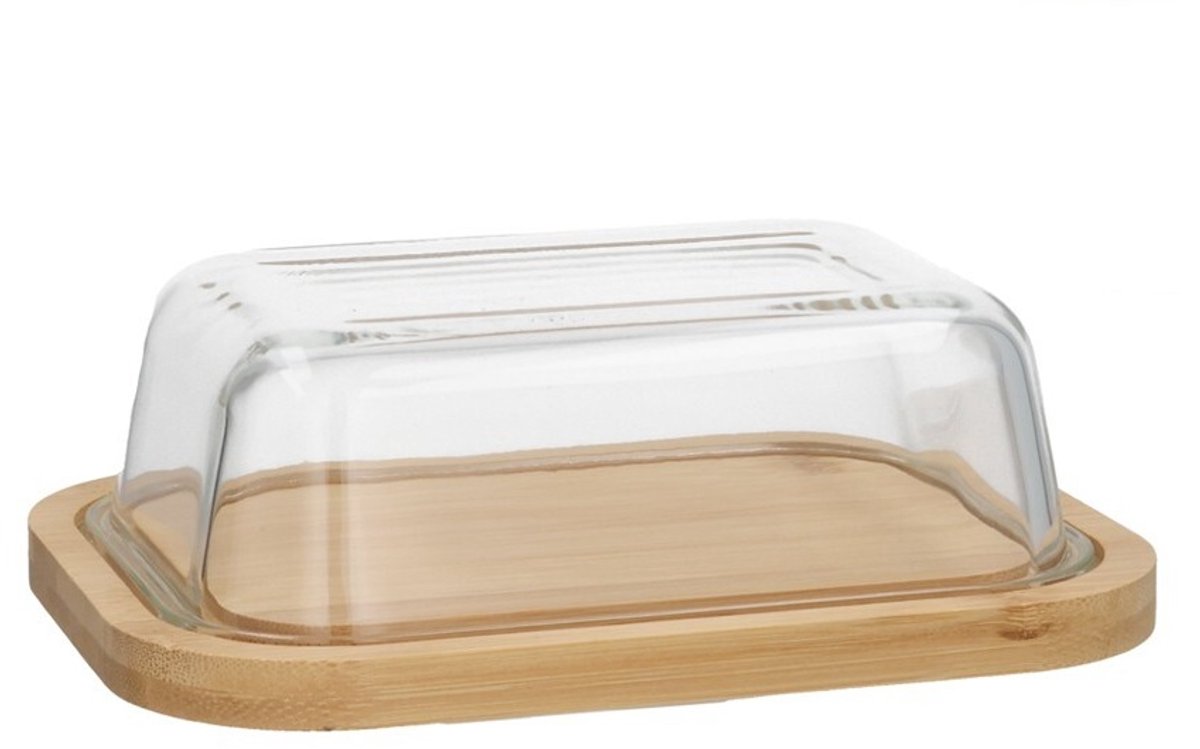 Gerimport | Bamboe botervloot - met afsluitbare deksel - glas en bamboe - 19 x 14.5 x 6 cm - Keuken artikelen
